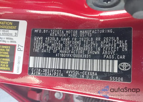 2013 Toyota Camry Hybrid Xle z USA, uszkodzony, nr VIN 4T1BD1FK1DU083931